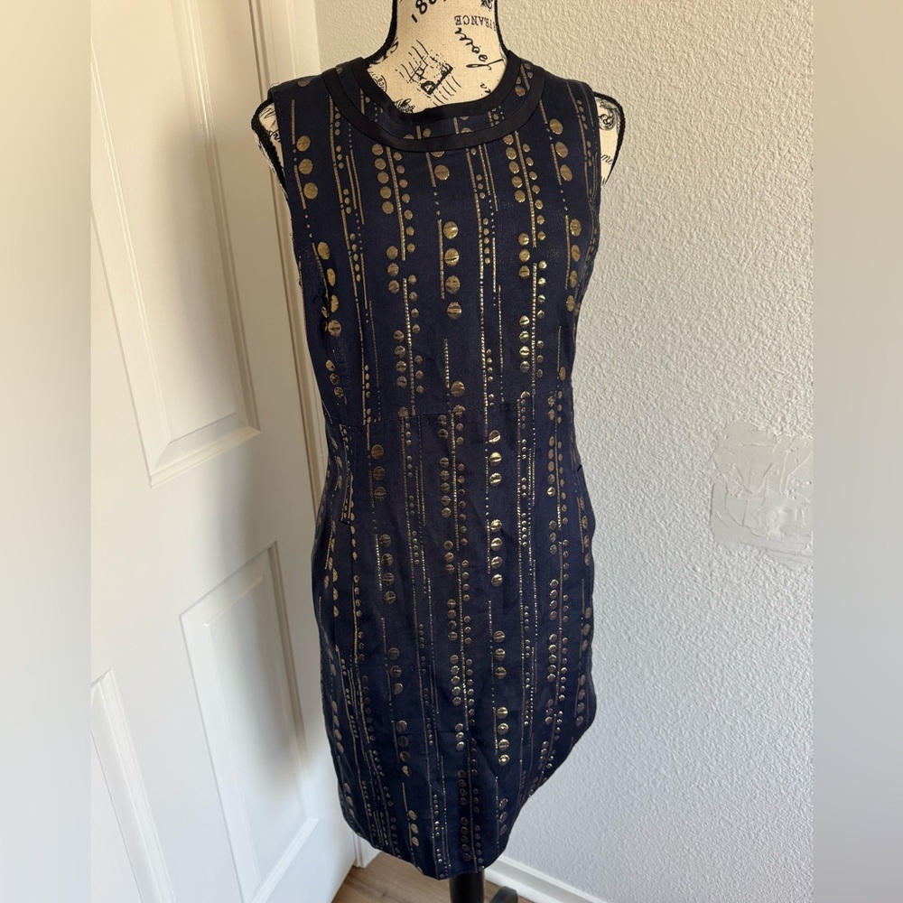 Tory Burch Women's Navy Gold Metallice Silk Shift Dress Size 8